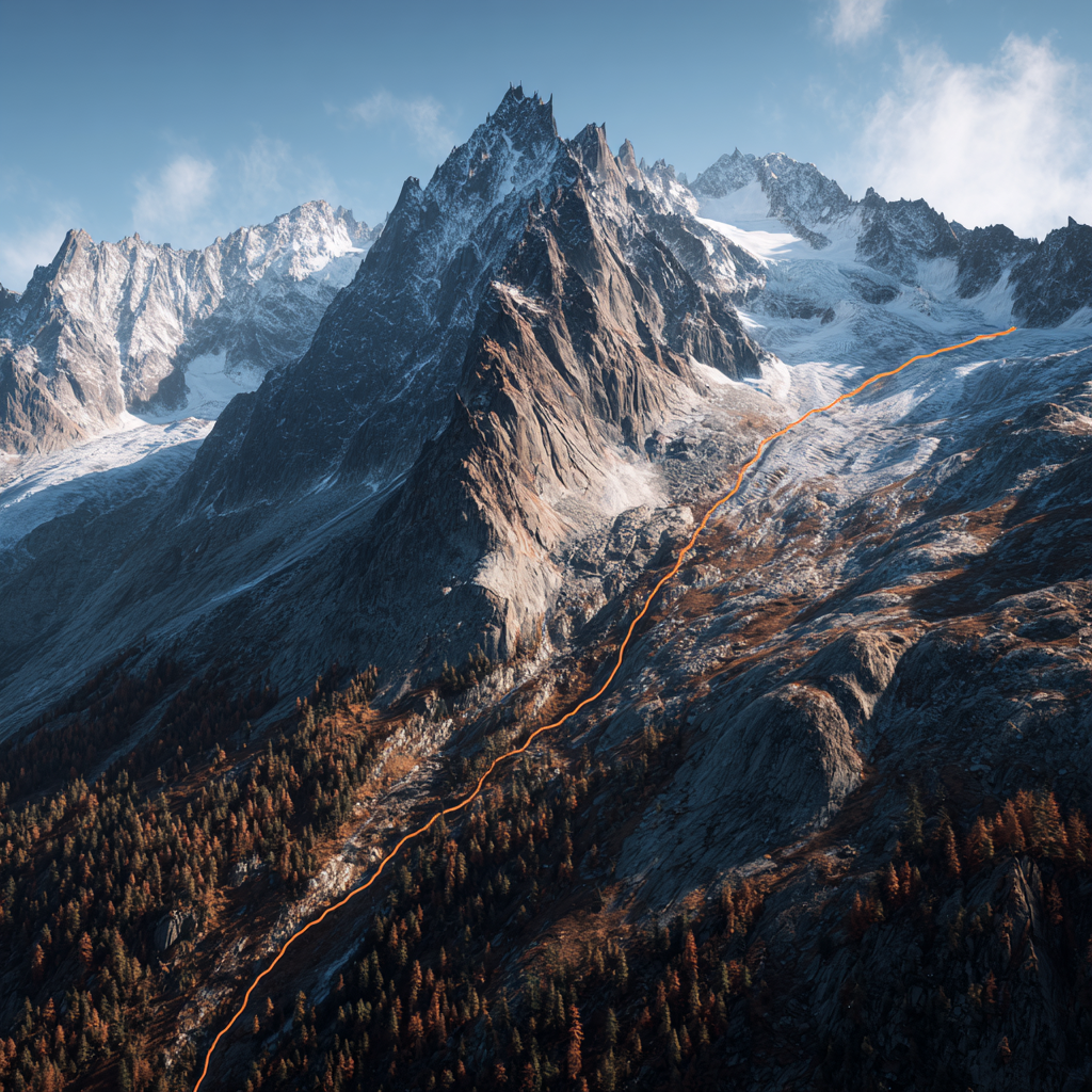 A mountain range with snow-capped peaks and a hiking trail marked in orange running along the slope.