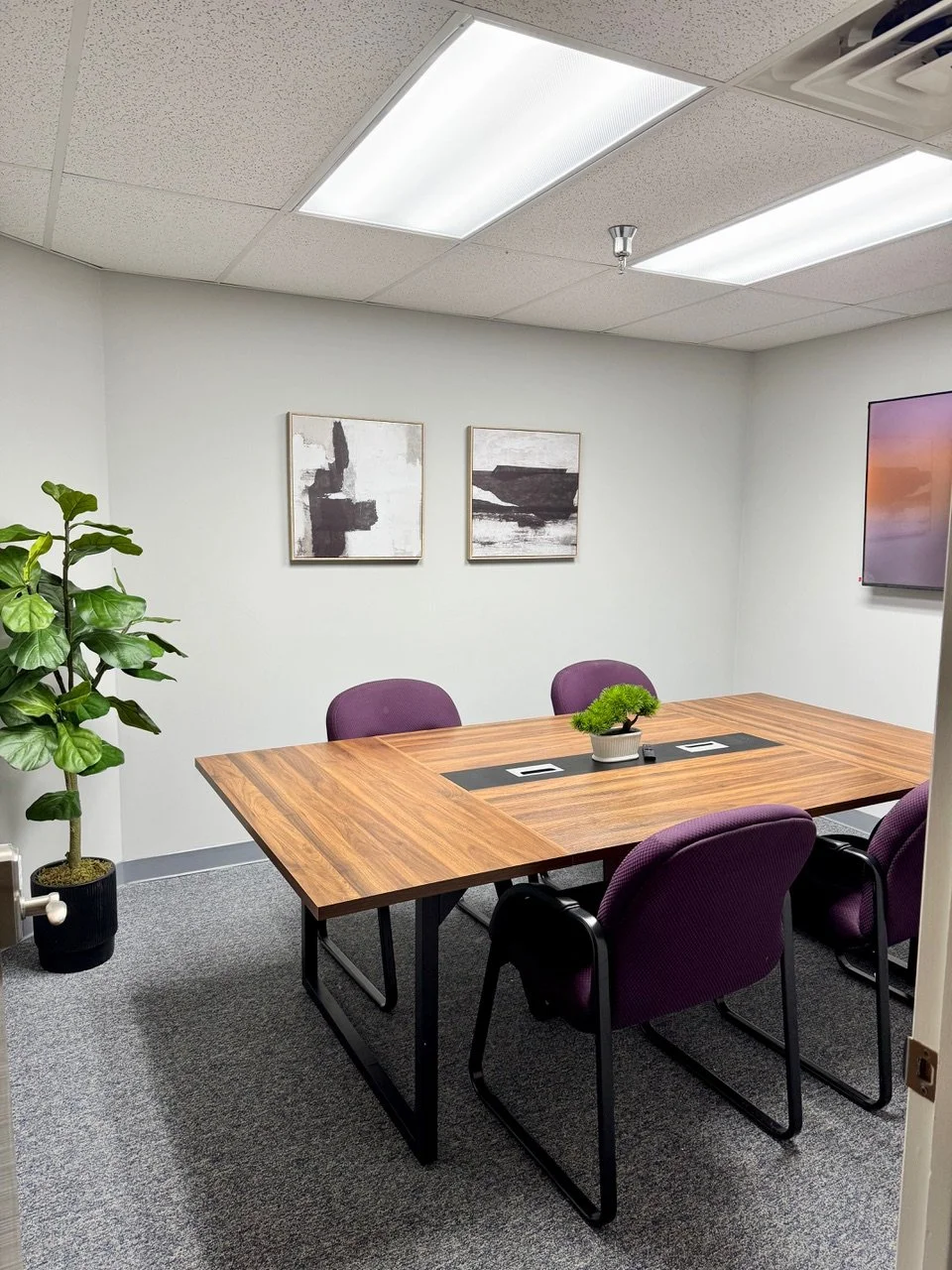 Empty conference room with a wooden table, four purple chairs, abstract black and white art on the wall, a TV screen, a potted plant, and ceiling lights.