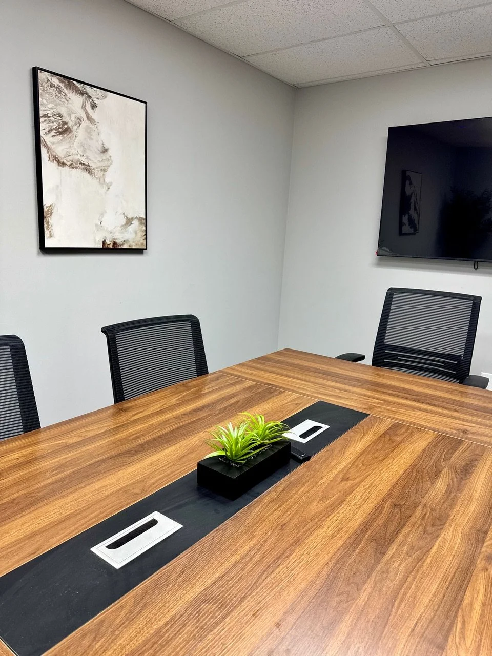 Conference room with a large wooden table, black mesh chairs, a small rectangular planter with a green plant, a remote control, and a black TV mounted on the wall.