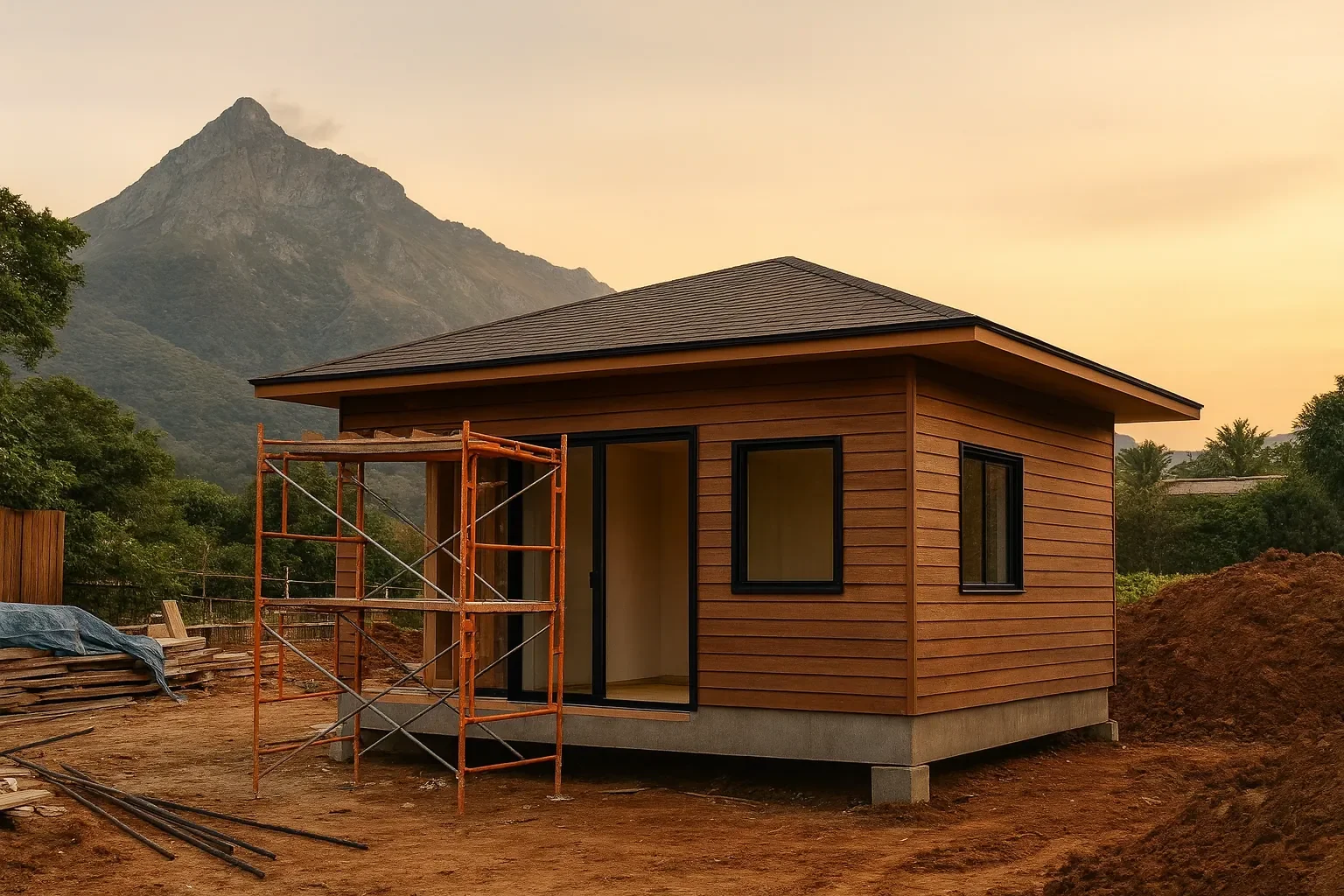 Small wooden house under construction with scaffolding on the front, set against a mountain landscape at sunset.