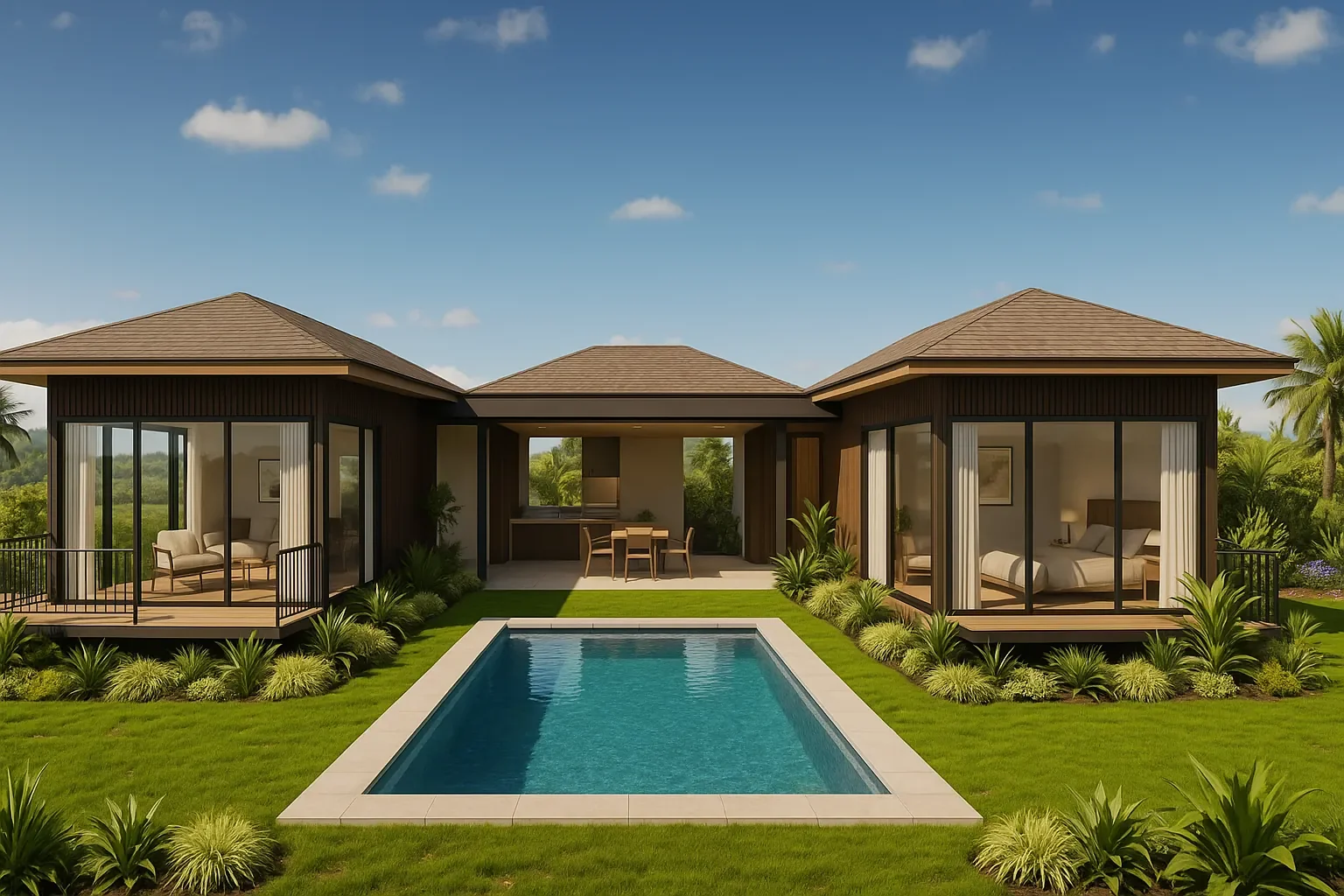 A modern house with large glass windows, a swimming pool in the backyard, surrounded by green grass, shrubs, and palm trees under a partly cloudy sky.