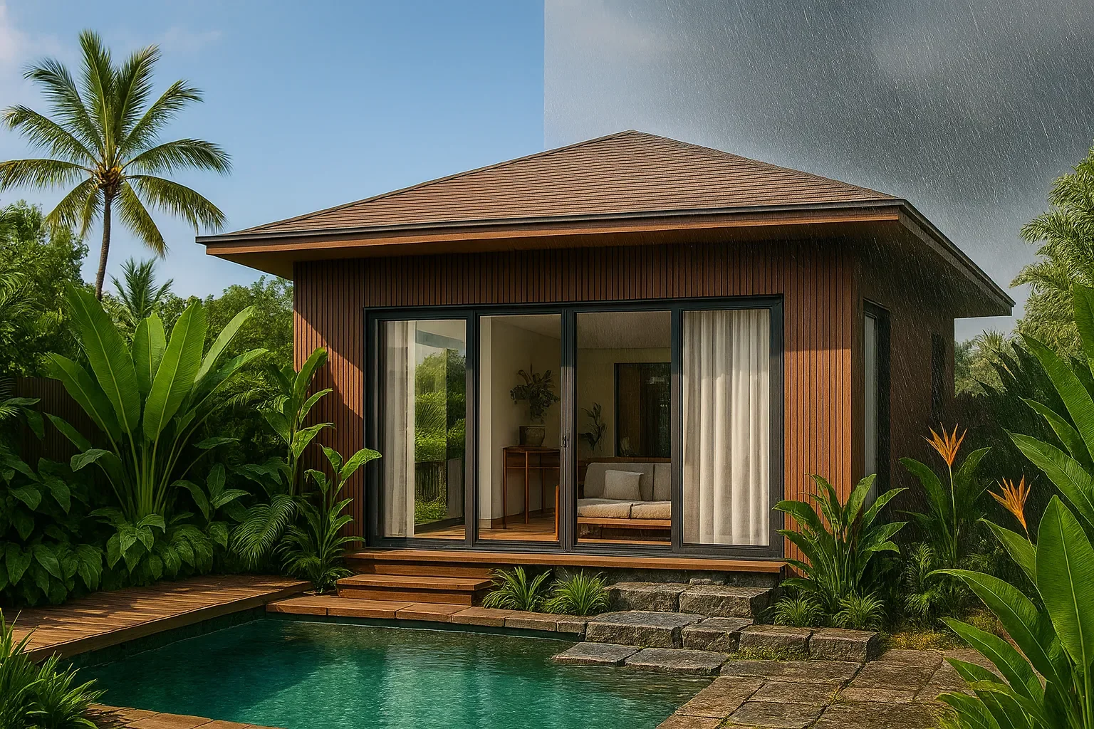 A modern house with wooden siding and large sliding glass doors, surrounded by lush tropical greenery and a swimming pool in the foreground.