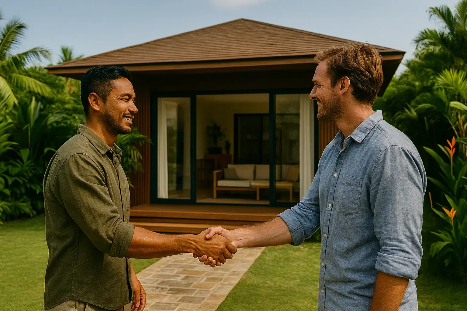 Two men shake hands outside in front of a modern house surrounded by greenery.