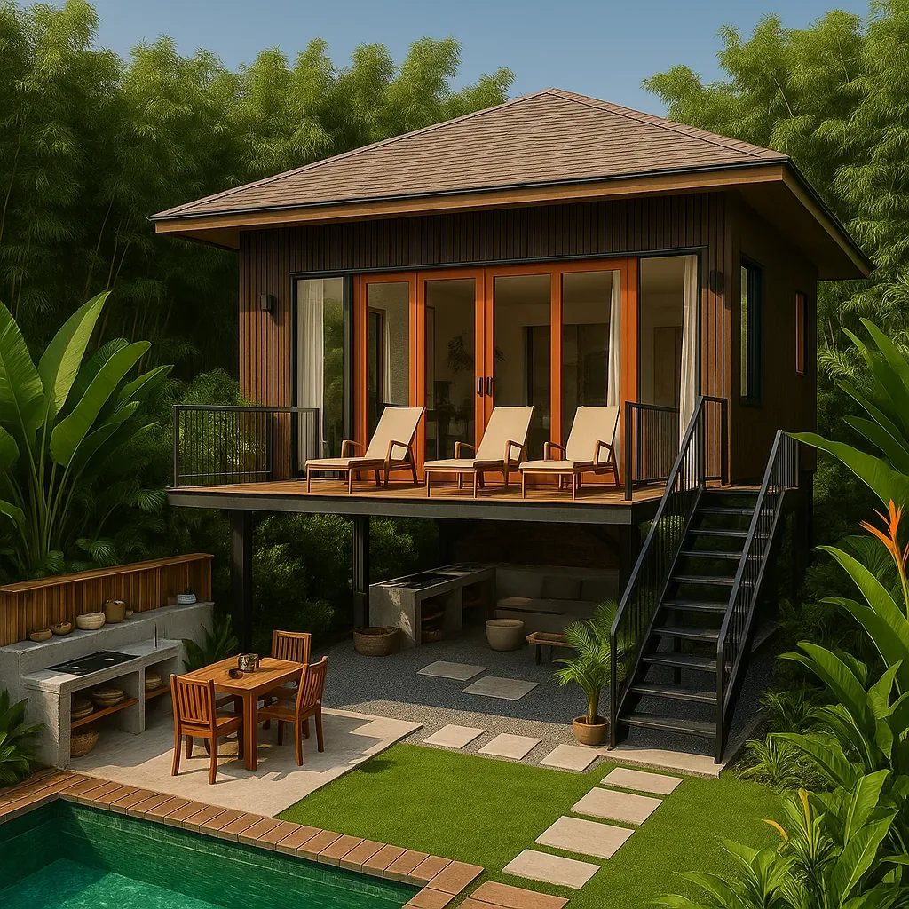 A two-story wooden house with sliding glass doors leading to an outdoor deck with three lounge chairs, situated in a lush tropical garden with large green plants, a swimming pool, and an outdoor dining area with a table and four chairs.