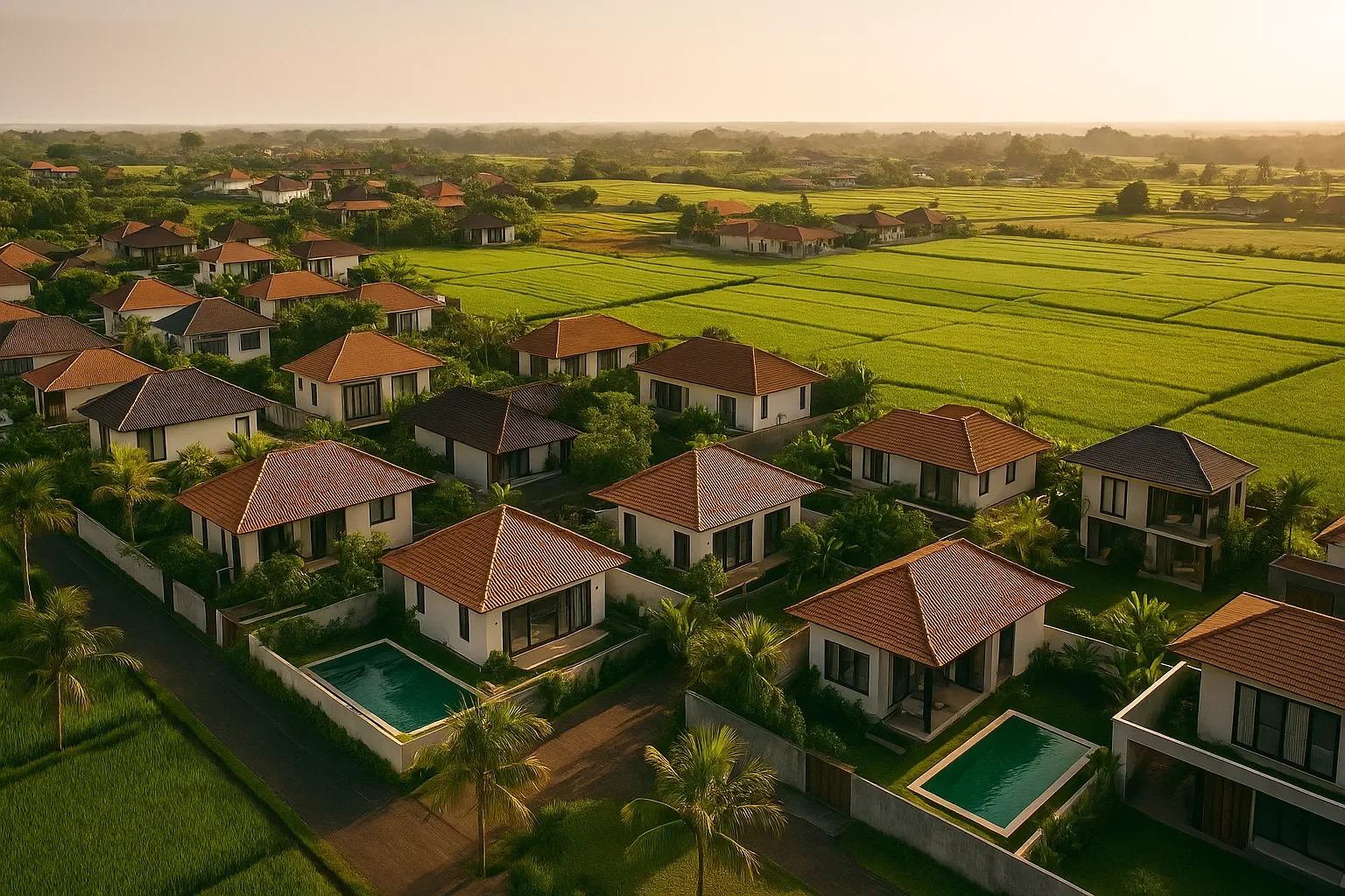 Aerial view of modern houses with red-tiled roofs and private swimming pools, surrounded by lush greenery and rice fields at sunset.
