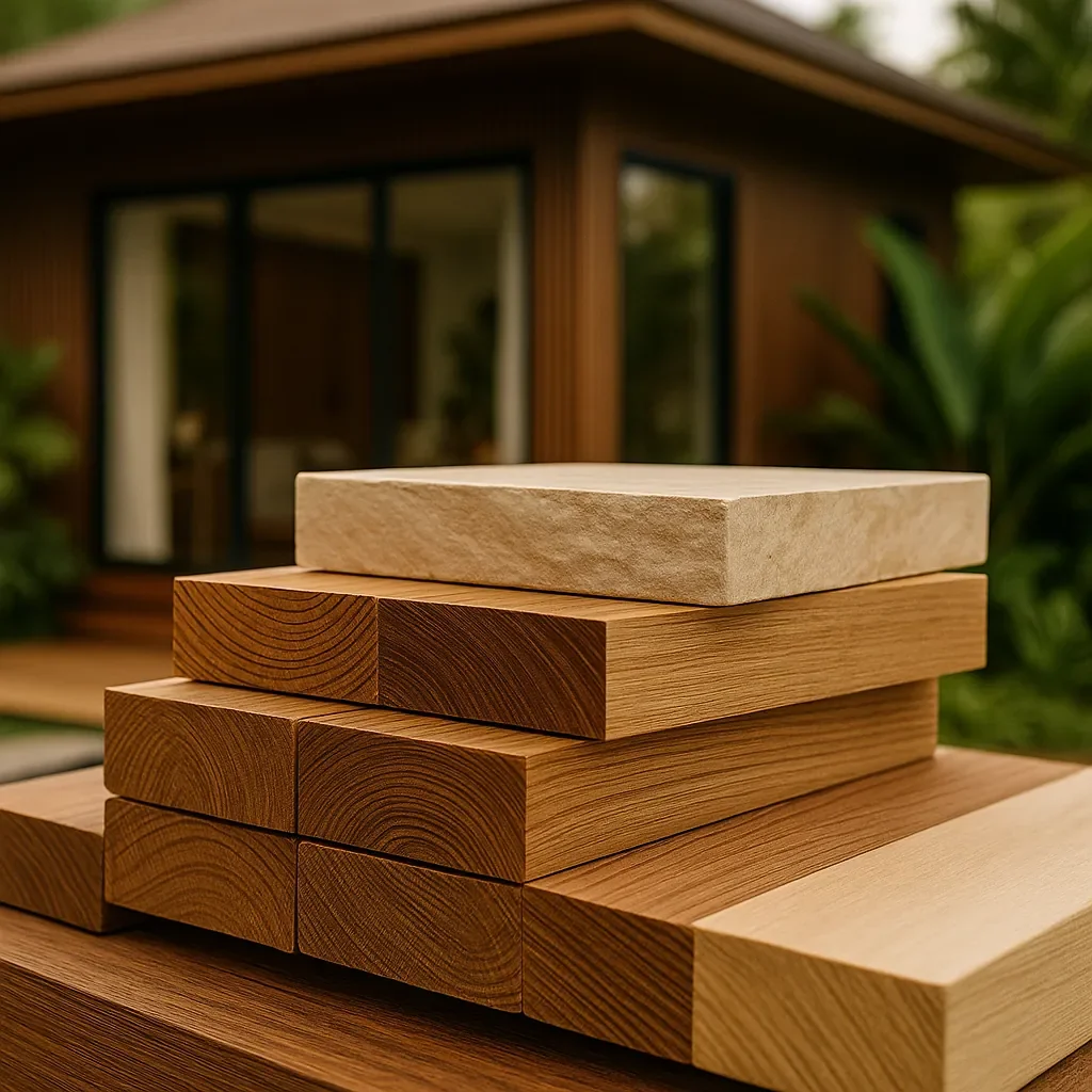 Stack of wooden boards and a stone slab in front of a modern house with large glass doors and plants.
