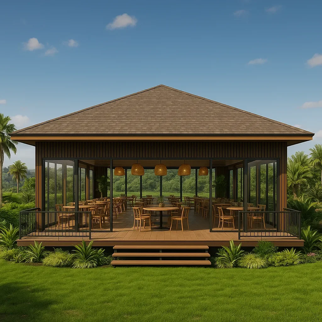 A modern house with large glass windows and a wooden deck, surrounded by green trees and plants, under a partly cloudy sky.