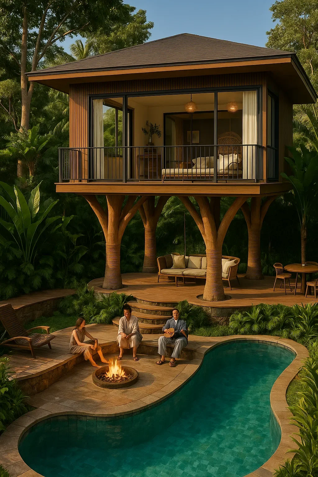 A modern treehouse elevated on wooden stilts, featuring large glass sliding doors, a balcony, and an interior with cozy furnishings. Below, there is a backyard with a curved swimming pool, a fire pit, and three people enjoying a campfire on a stone patio, surrounded by lush greenery and tropical plants.