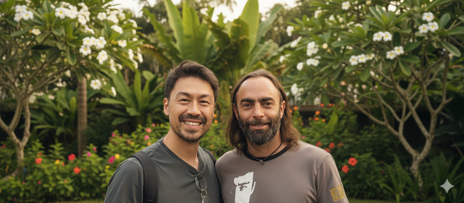 Two men smiling outdoors in front of lush green plants and white flowers.