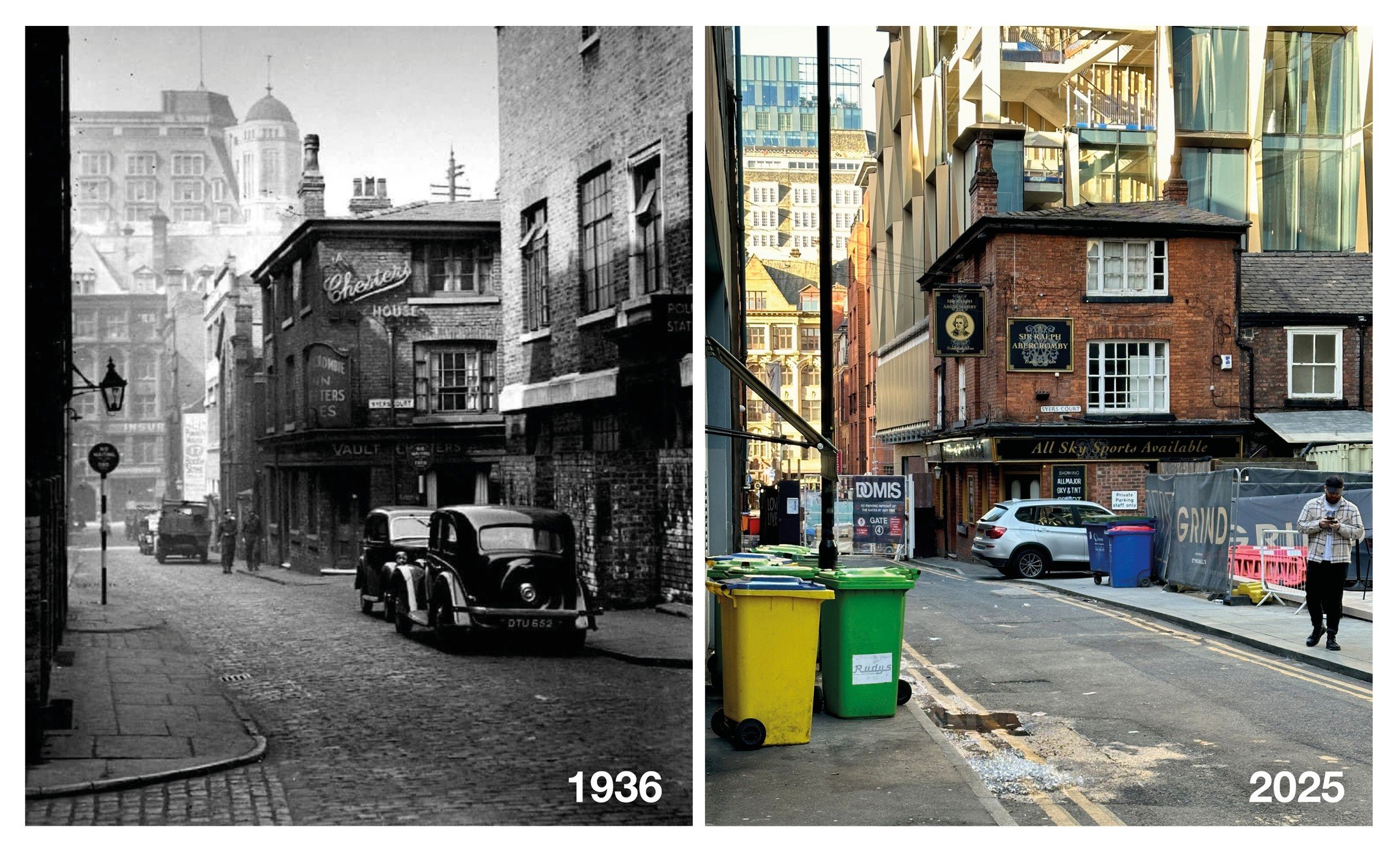 Here (Bootle Street). Then (c. 1936). &amp; Now (11:16 this morning). 

The pub that only just survived&hellip; now dwarfed by the rising St Michael&rsquo;s development.

Photo (left): Manchester Libraries Archives

#BootleStreet #ThenAndNow #Manches