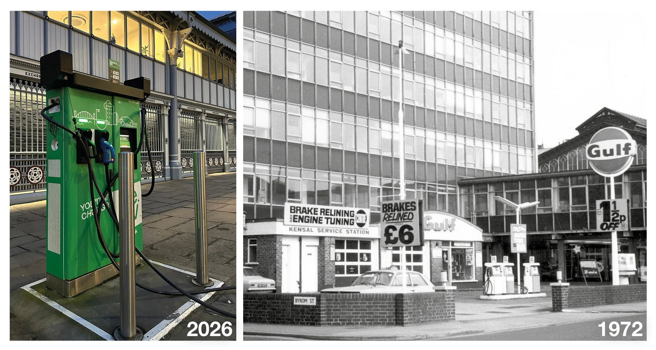 A slightly different Here. Then. &amp; Now&hellip;

Not the exact same spot, but only about 50 yards apart.
And almost 50 years apart.

On the left: a tiny EV charging point.
On the right: a 1972 petrol garage, built on the site where St Matthew&rsqu