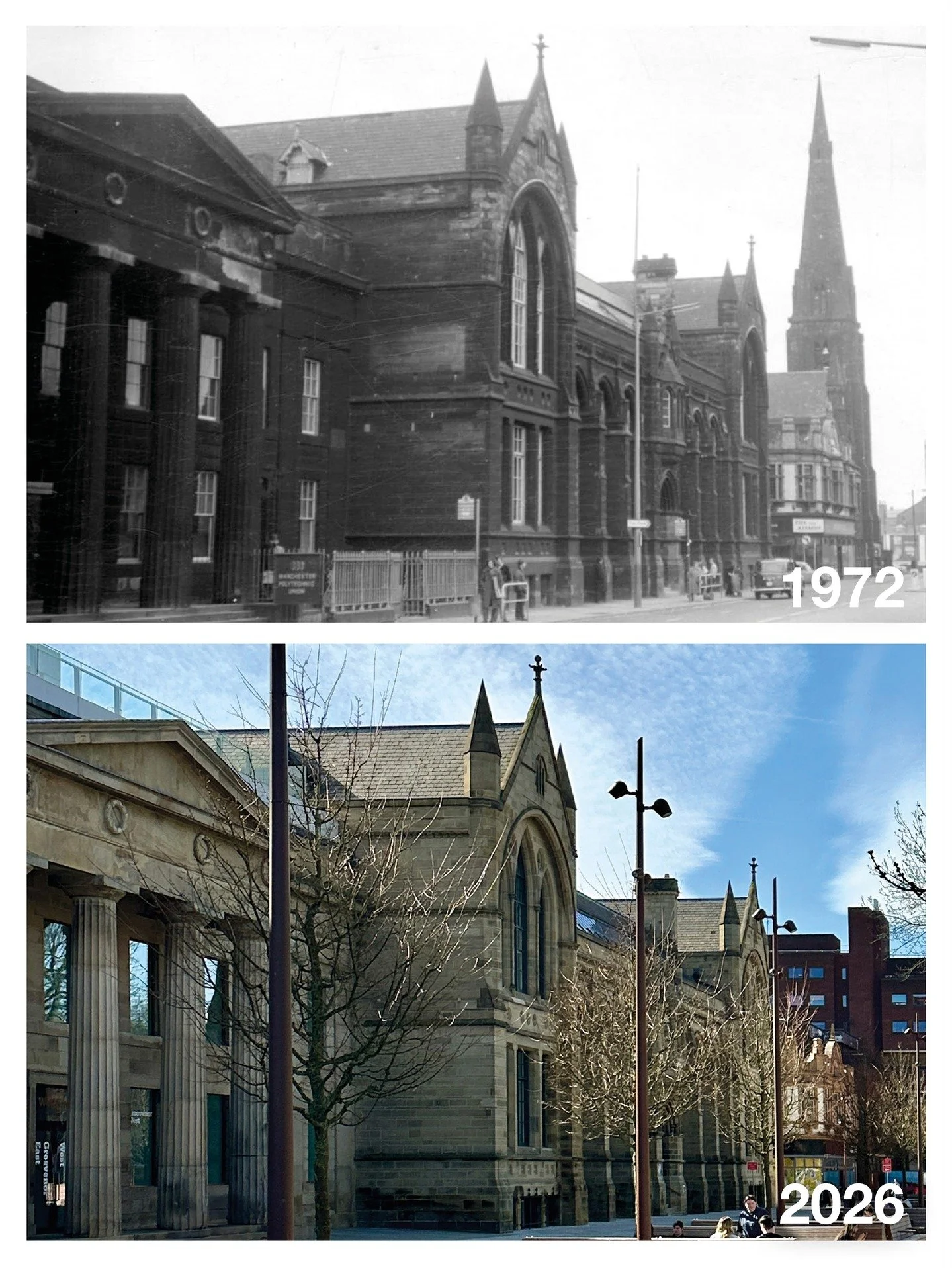 Same place, very different times. A vibrant mix of old and new.

Most MMU students probably don&rsquo;t realise the history they&rsquo;re walking through every day.

On the left is the Doric portico of Chorlton-on-Medlock Town Hall, designed by Richa
