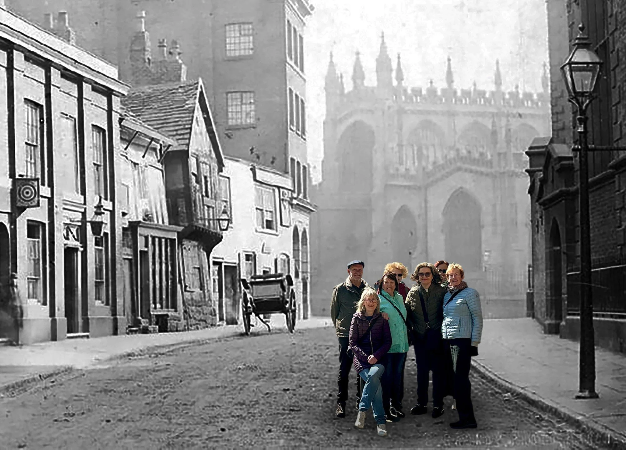 This morning I took this fantastic group back in time, walking around Manchester&rsquo;s Medieval Quarter.

Here they are on Long Millgate, in 1866.

Much as I&rsquo;d love to properly immerse people in another century, I do at least bring a large sc