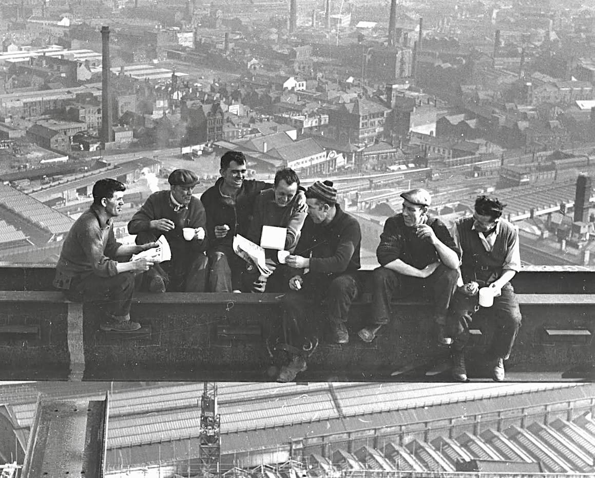 Manchester&rsquo;s own version of the famous 1932 New York photograph &ldquo;Lunch atop a Skyscraper&rdquo;.

Workmen taking a break during the construction of the CIS Building on Miller Street, early 1960s.

Designed by G. S. Hay of the Co-operative