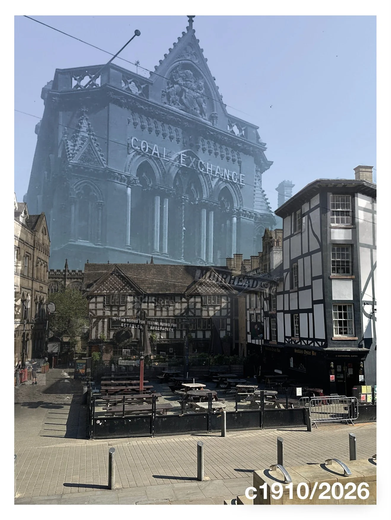 This is a then-and-now that doesn&rsquo;t quite line up.

And that&rsquo;s the point.

The ghosted building is the old Coal Exchange, once standing beside Sinclair&rsquo;s Oyster Bar on Victoria Street. But Victoria Street has gone, the Coal Exchange