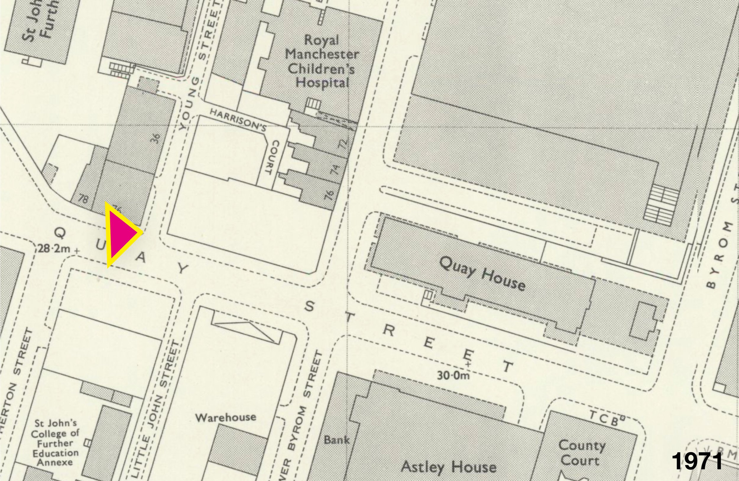 The car park in my last post was on Quay Street and was used by Granada TV. That site is now occupied by St John&rsquo;s Court, a convincing Georgian-style office building built in the early 1980s.

But the real clue was the building in the backgroun