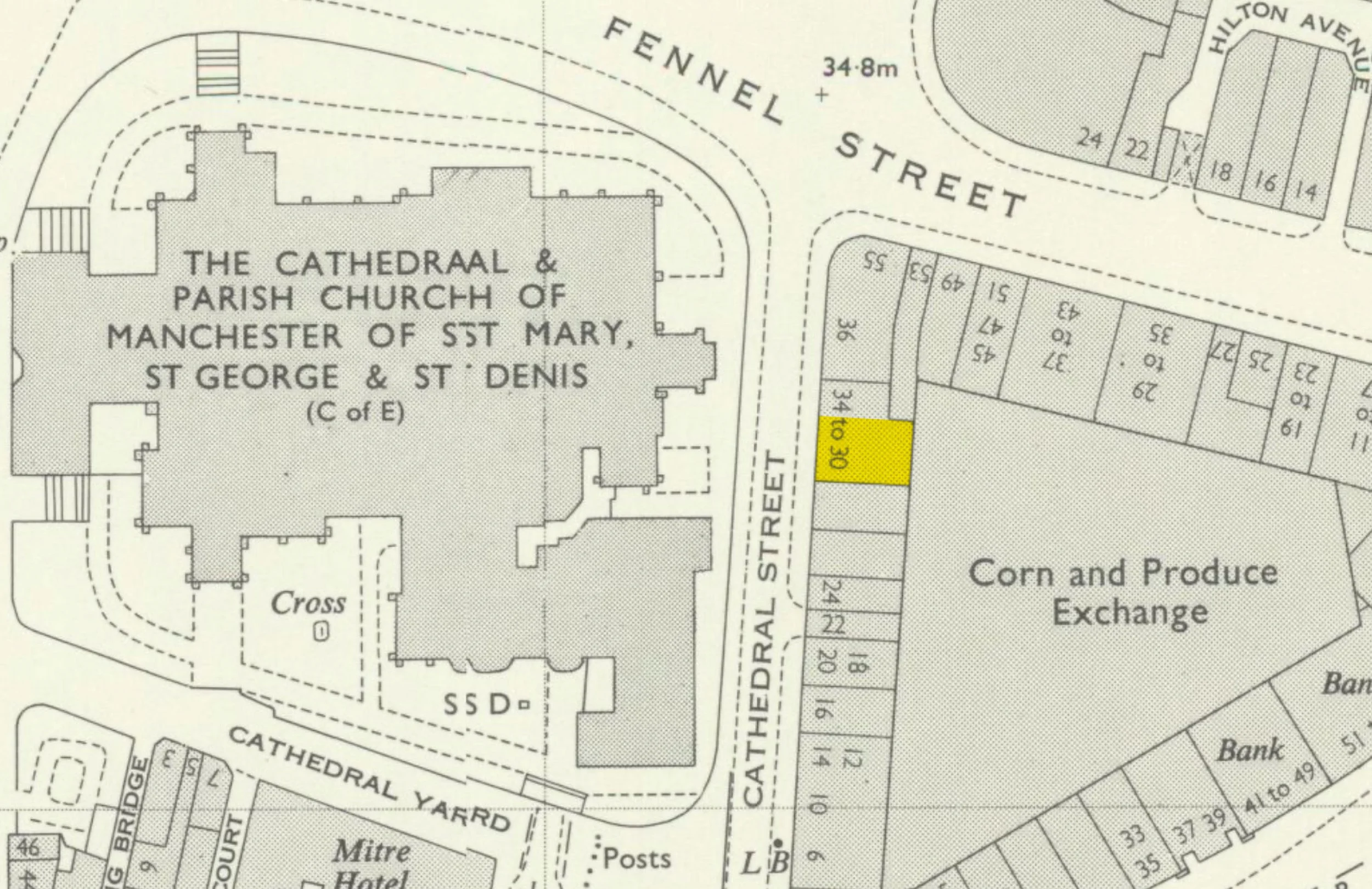 1970 Ordnance Survey map showing the location of Harry Hall Cycles at 30-32 Cathedral Street