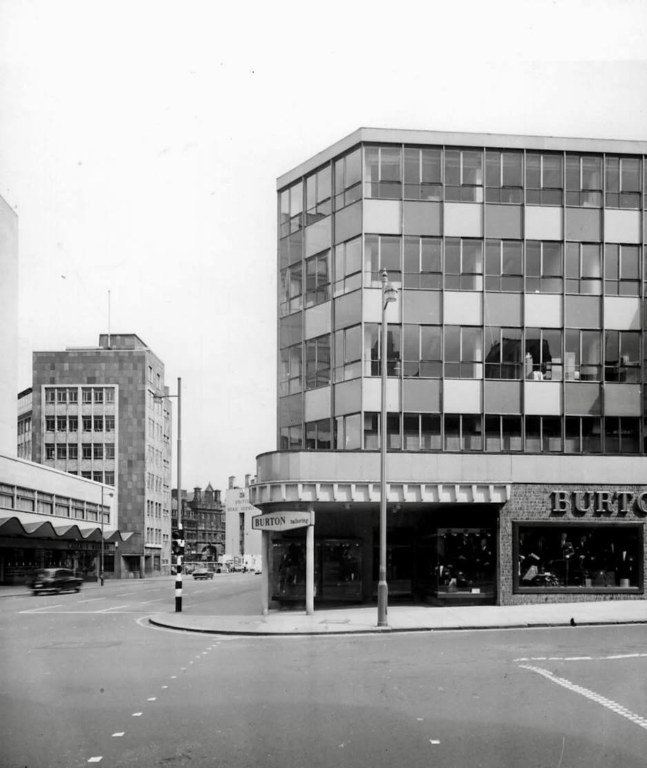 Market Street, at the junction of Cross Street and Corporation Street, 1960.

Marks &amp; Spencer&rsquo;s unmistakable wave canopy is on the left, with the Corn Exchange just visible in the distance. But it is Burton, on the right, that caught my eye