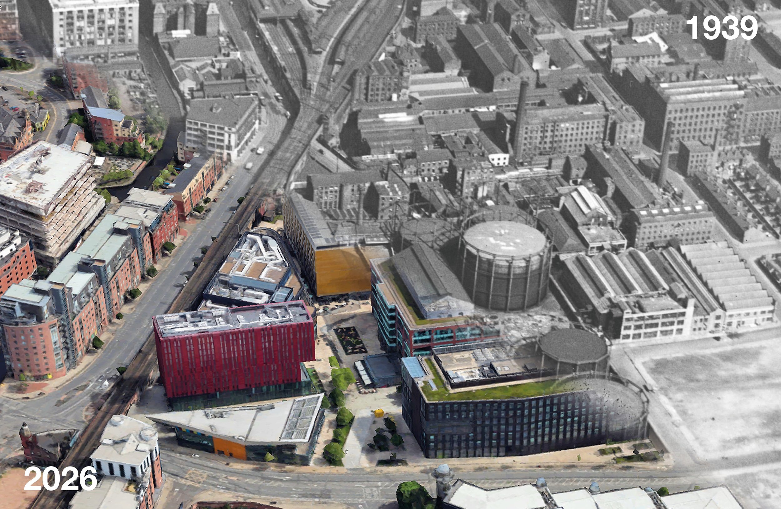 This is what is now the First Street area of Manchester, split between 1939 and present day.

In 1939, this part of the city was built around practical needs: industry, manufacturing, transport and utilities. Gaythorn Gas Works dominated the view, su