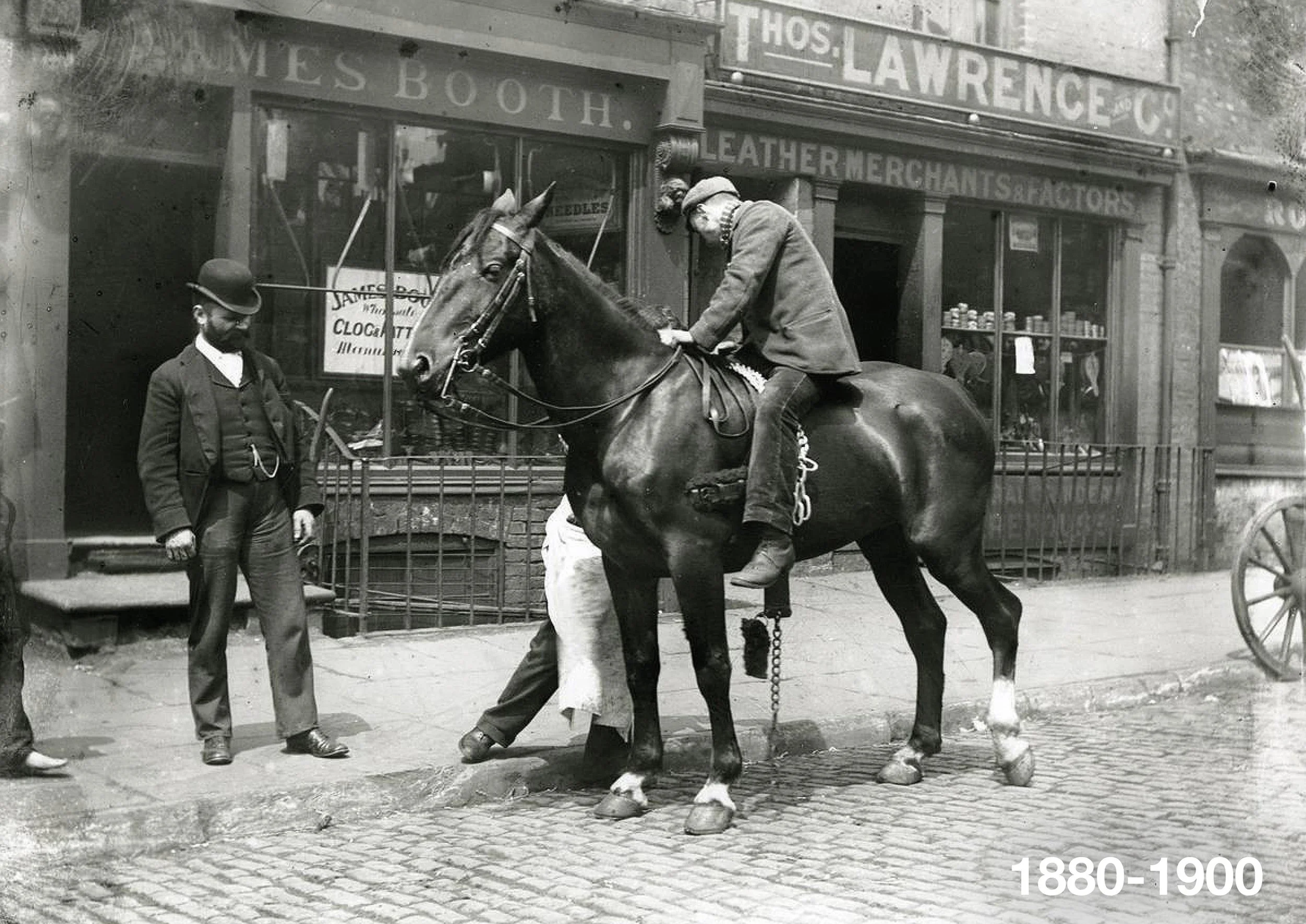 Rochdale Road, near the Shudehill junction, sometime between 1880 and 1900. But what&rsquo;s happening with this horse&hellip;?!

The shop signs and a Slater&rsquo;s 1895 street directory listing helped pin down the location: James Booth, a clog sole