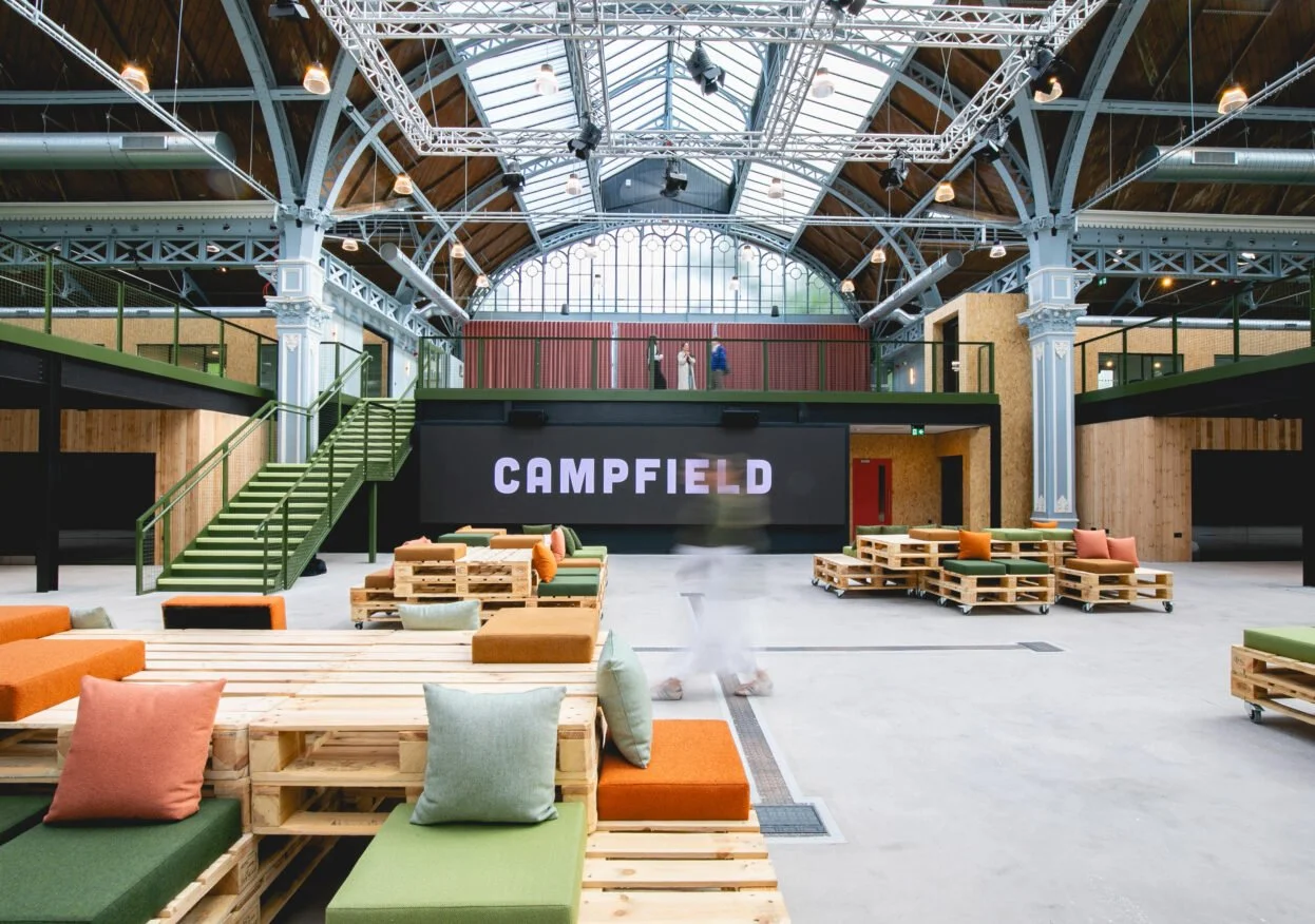 Campfield is open weekdays for workspaces, café, events and accelerator activity – plus craft markets, food stalls and public gatherings on weekends.
