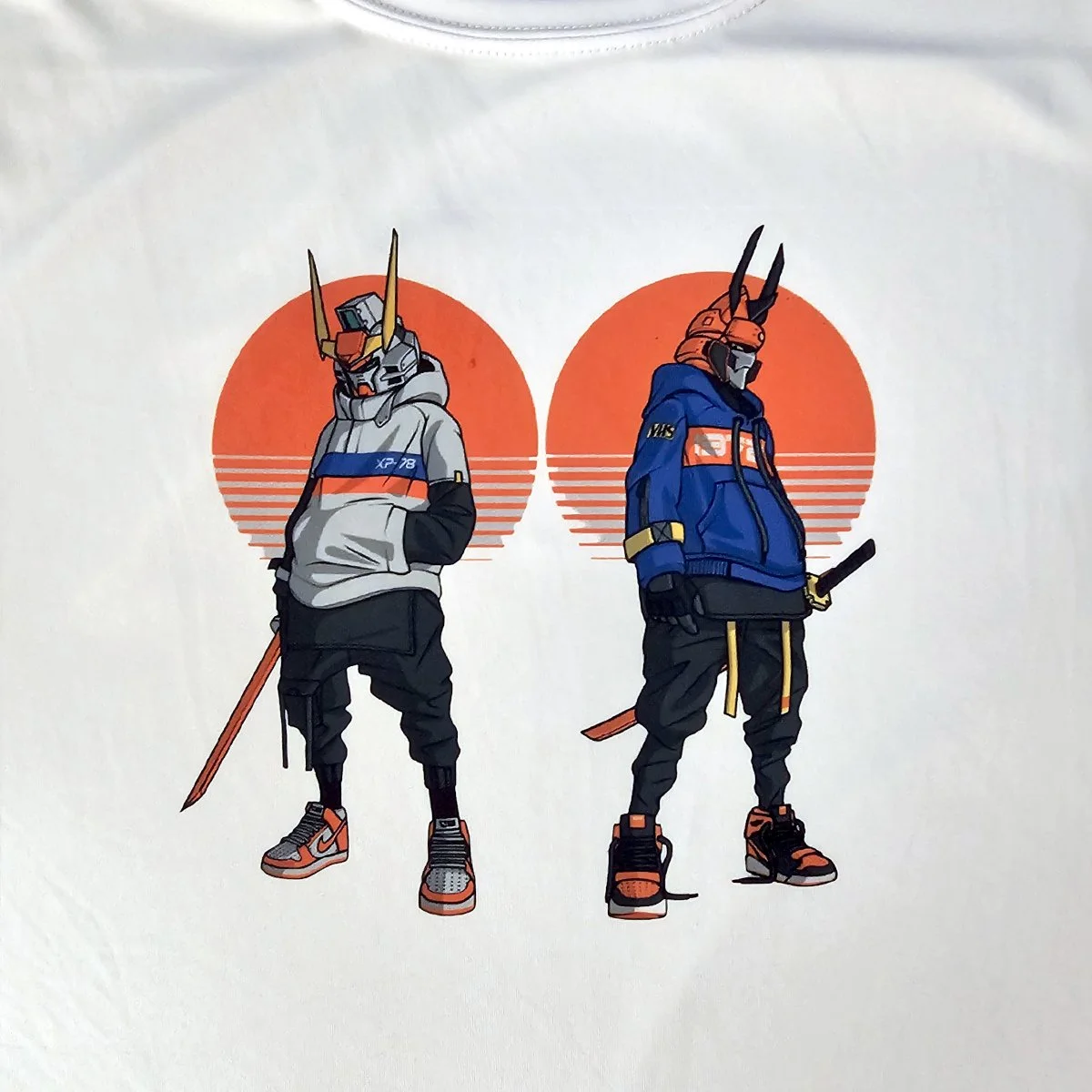 Full-color sublimation print on white A4 performance shirt featuring two futuristic samurai characters in streetwear in front of orange sun circles.