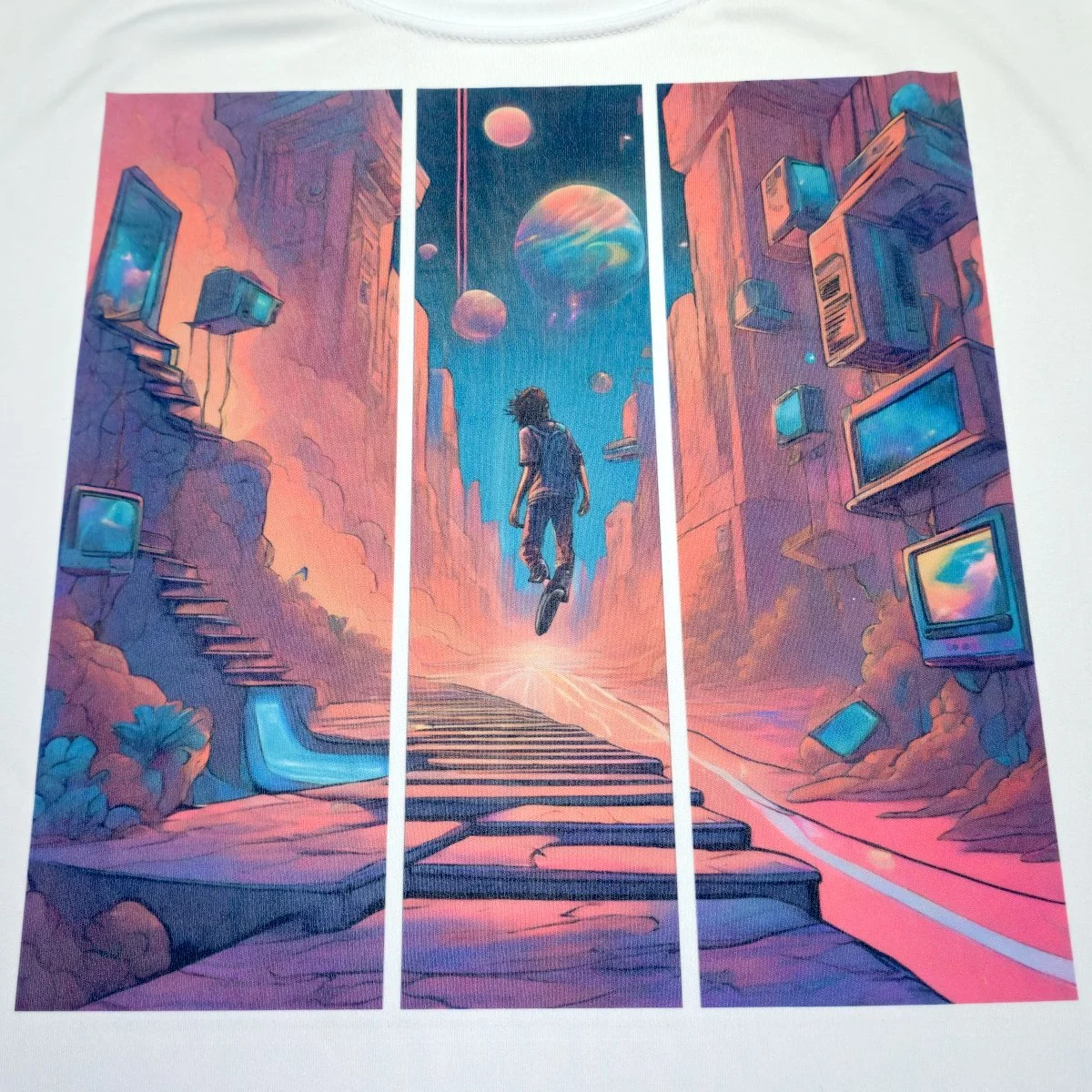 High-detail full-color sublimation print on white A4 performance shirt showing a sci-fi scene of a person floating up stairs toward planets and neon city ruins.
