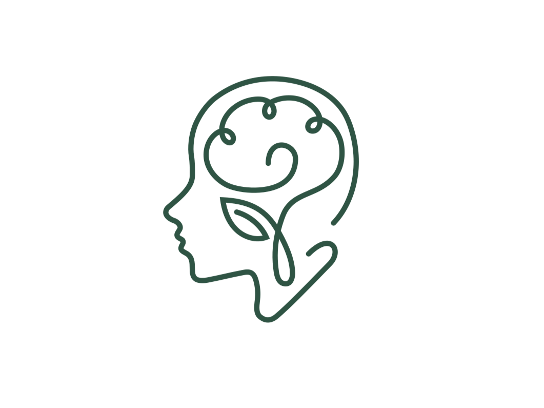 Line art illustration of a human head in profile with a stylized brain and a leaf inside, representing mental health and growth.