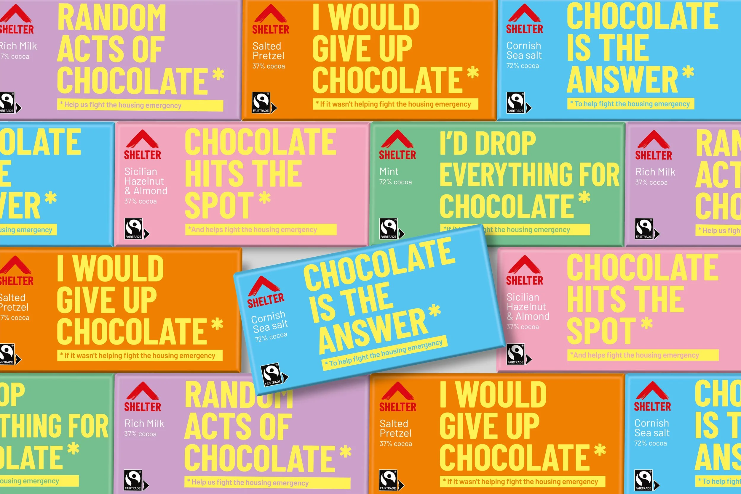 Shelter Charity Emergency Chocolate merchandise branding packaging design project by Ludlow & Ludlow