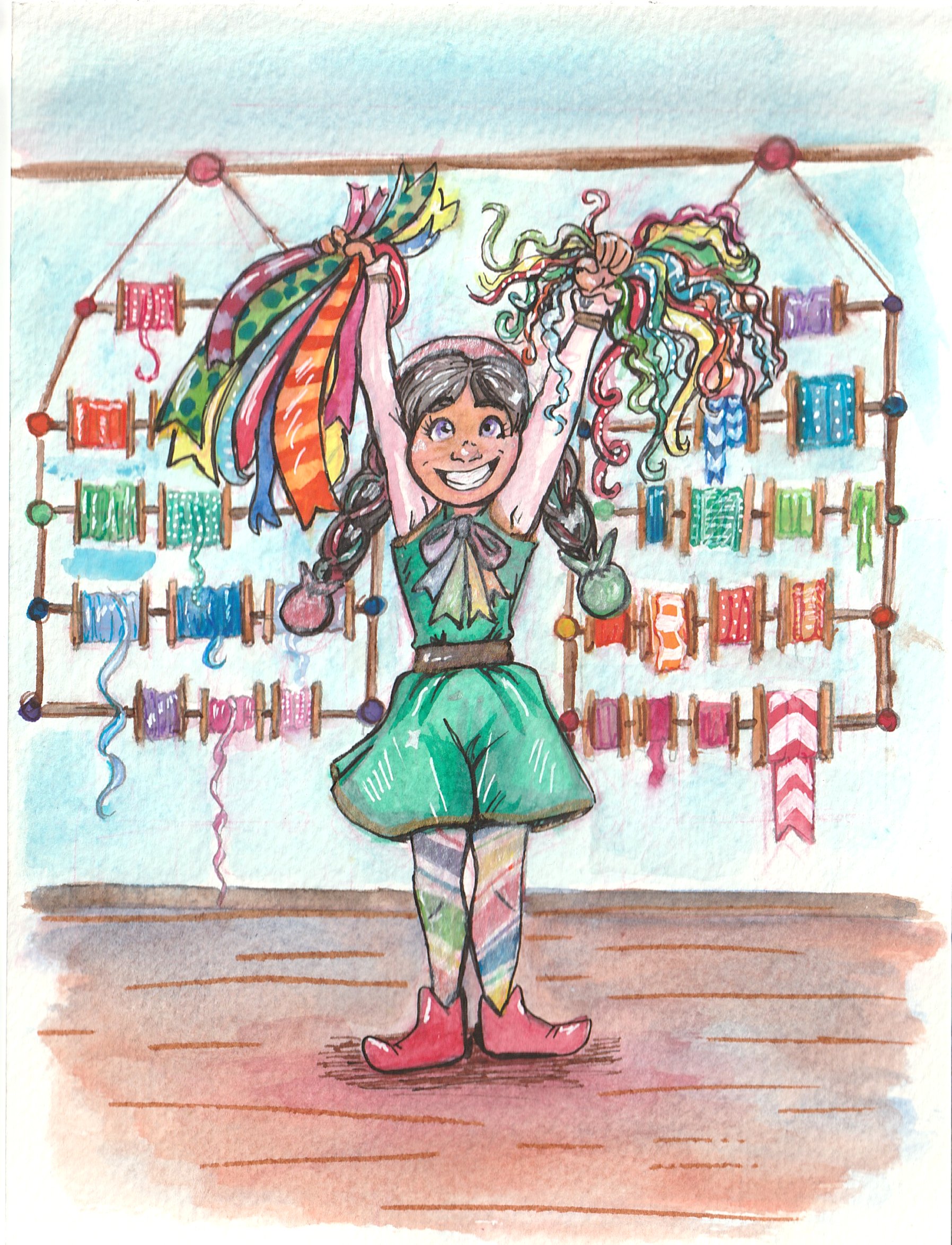 A cheerful girl with braided hair, rainbow-colored socks, and red boots, is holding colorful fabric streams above her head, standing in front of a wall with rows of colorful spools of thread.