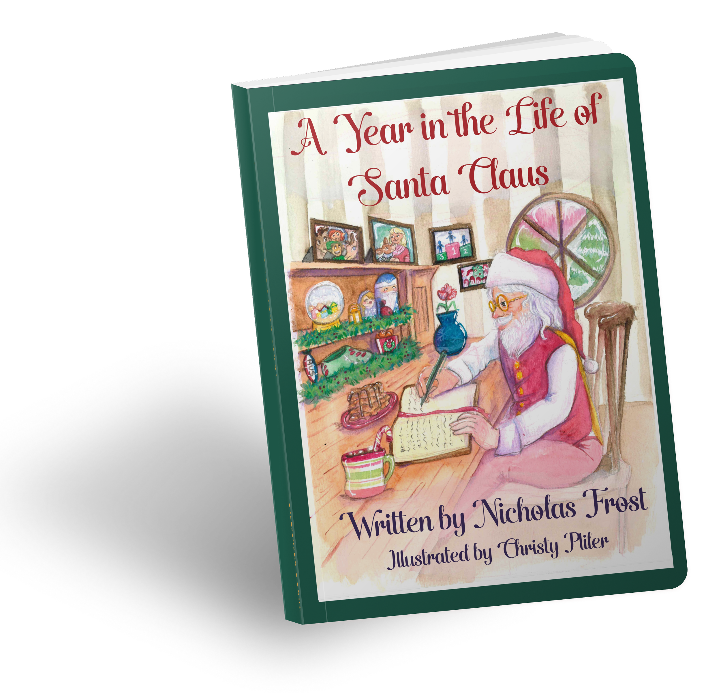 Children's book titled "A Year in the Life of Santa Claus" with a watercolor illustration of Santa writing in a book at his desk, surrounded by Christmas decorations, photographs, and a window with a Christmas scene.