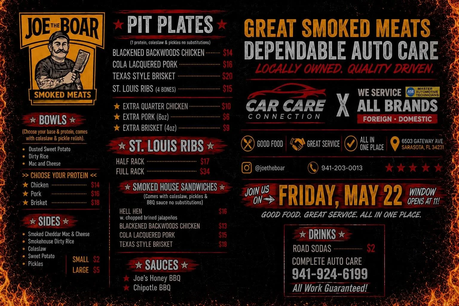 🔥 THIS FRIDAY 🔥
No trends. No gimmicks.
Just smoke, fire, steel, and meat.

Joe the Boar rolls back into @carcareconnectioninc at 11AM sharp in @gulfgatevillage &mdash; serving heavy trays till the smoke clears and the pits run dry.

⚔️ Texas Style