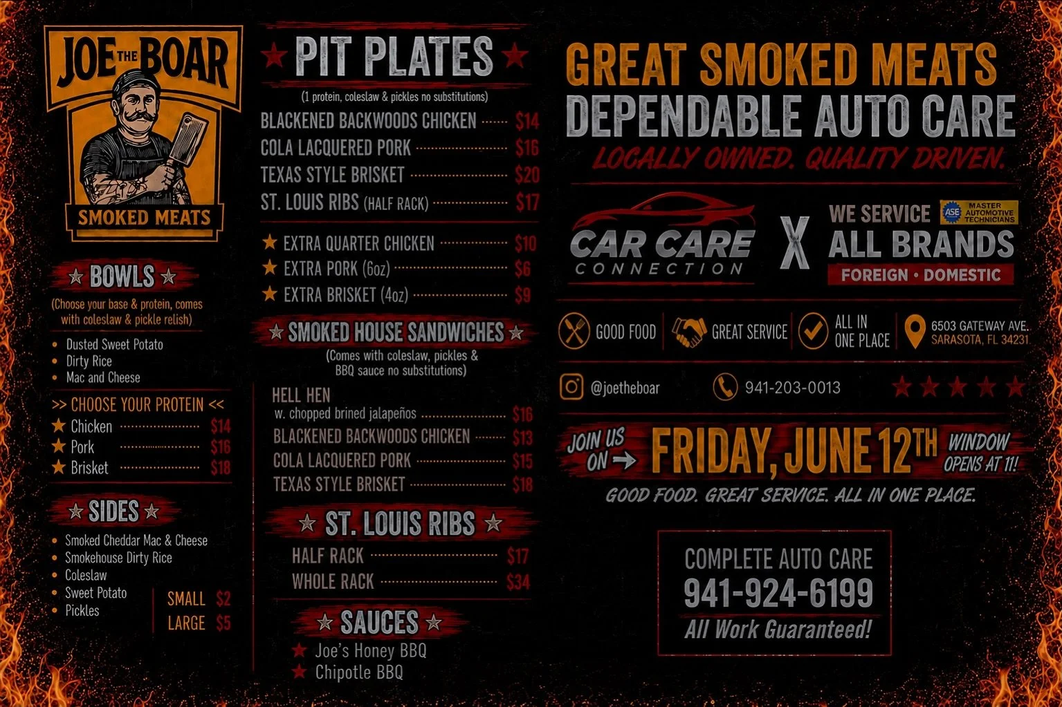 🔥 THIS FRIDAY AT @carcareconnectioninc @gulfgatevillage 🔥

Joe the Boar is back serving up wood-smoked barbecue until sold out!

🐔 Blackened Backwoods Chicken
🐖 Cola Lacquered Pulled Pork
🥩 Texas Style Brisket
🍖 St. Louis Ribs

Build a bowl, gr