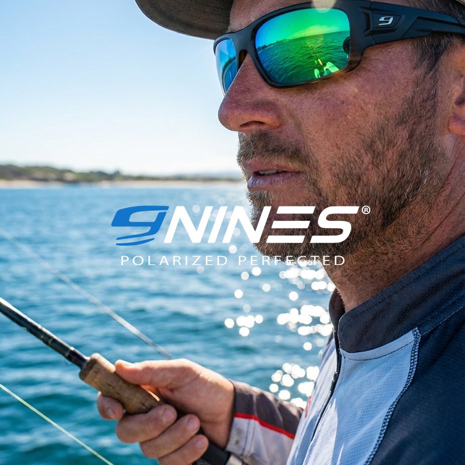 Close-up of a man wearing sunglasses with reflective lenses, fishing on a boat in a body of water, with land in the distance, holding a fishing rod.