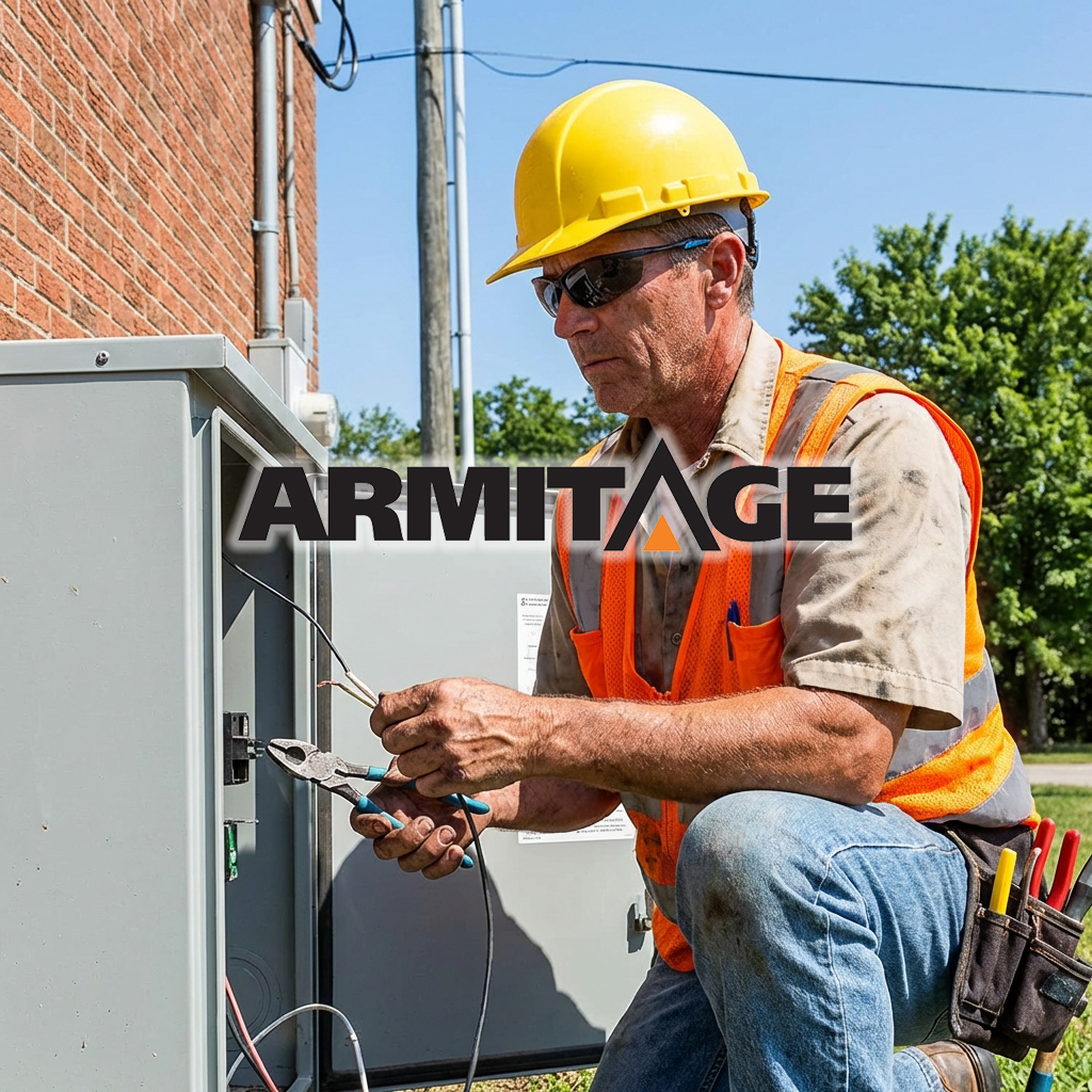 Armitage safety glasses logo with electrician working with safety glasses on