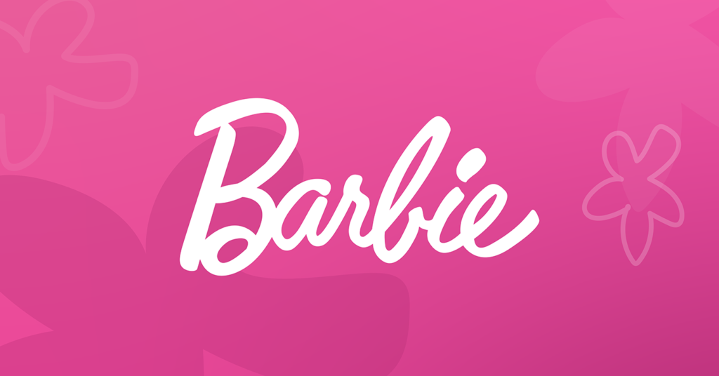 Pink background with the white, cursive 'Barbie' logo, decorated with faint flower outlines.