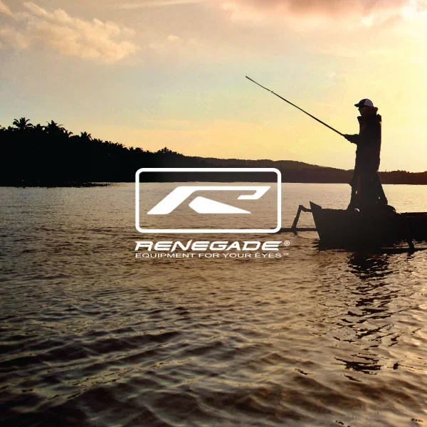 A person fishing from a boat on a calm lake during sunset, with trees in the background and the Renegade logo overlayed.