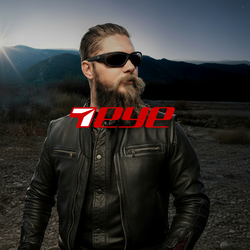 A man with a beard and sunglasses wearing a black leather jacket outdoors with mountains in the background and the logo '1PEY' over his chest.