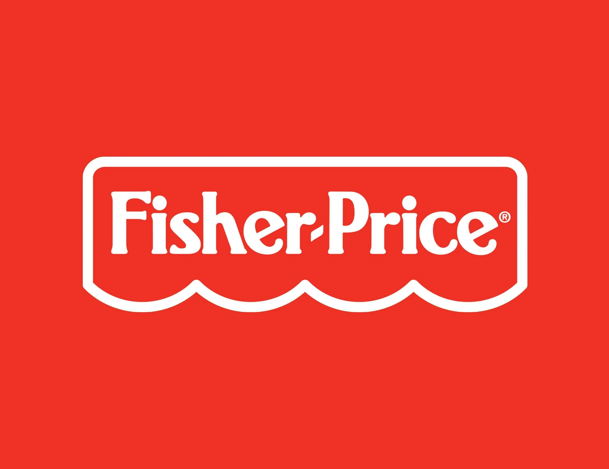 Fisher-Price logo in white text on red background with a white border around the brand name.