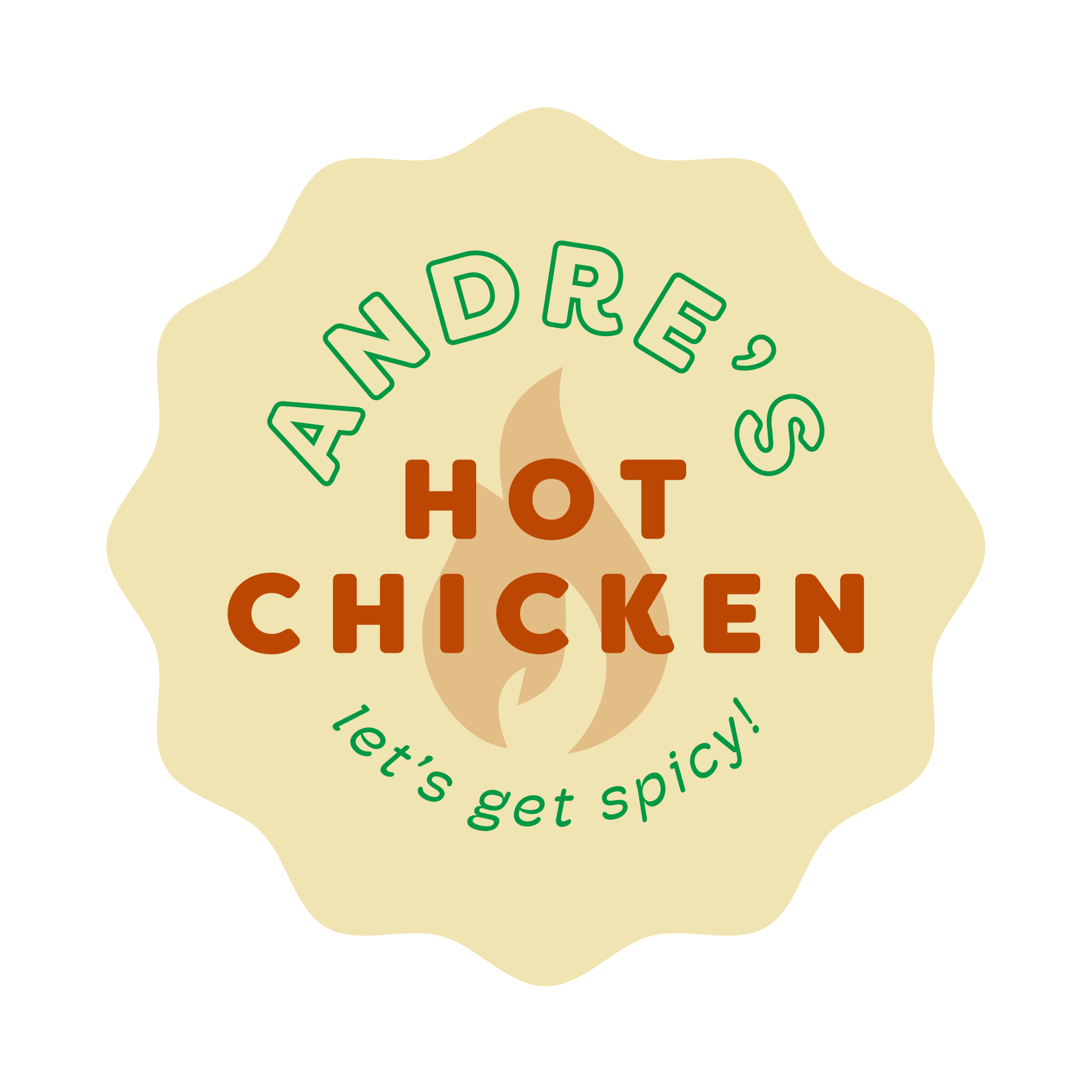 A badge-style label for 'Andres Hot Chicken' with the tagline 'let's get spicy!' and a flame graphic in the background.