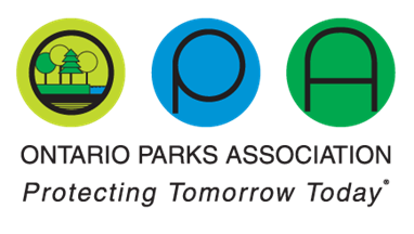 Ontario Parks Association logo featuring three circles with trees, a water scene, and a canoe, with the tagline 'Protecting Tomorrow Today'.