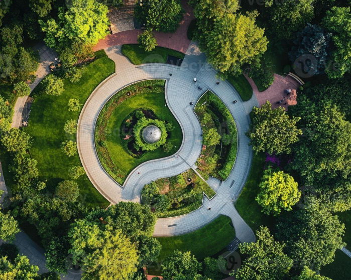 An aerial view of a circular park with pathways and lush green trees surrounding it.