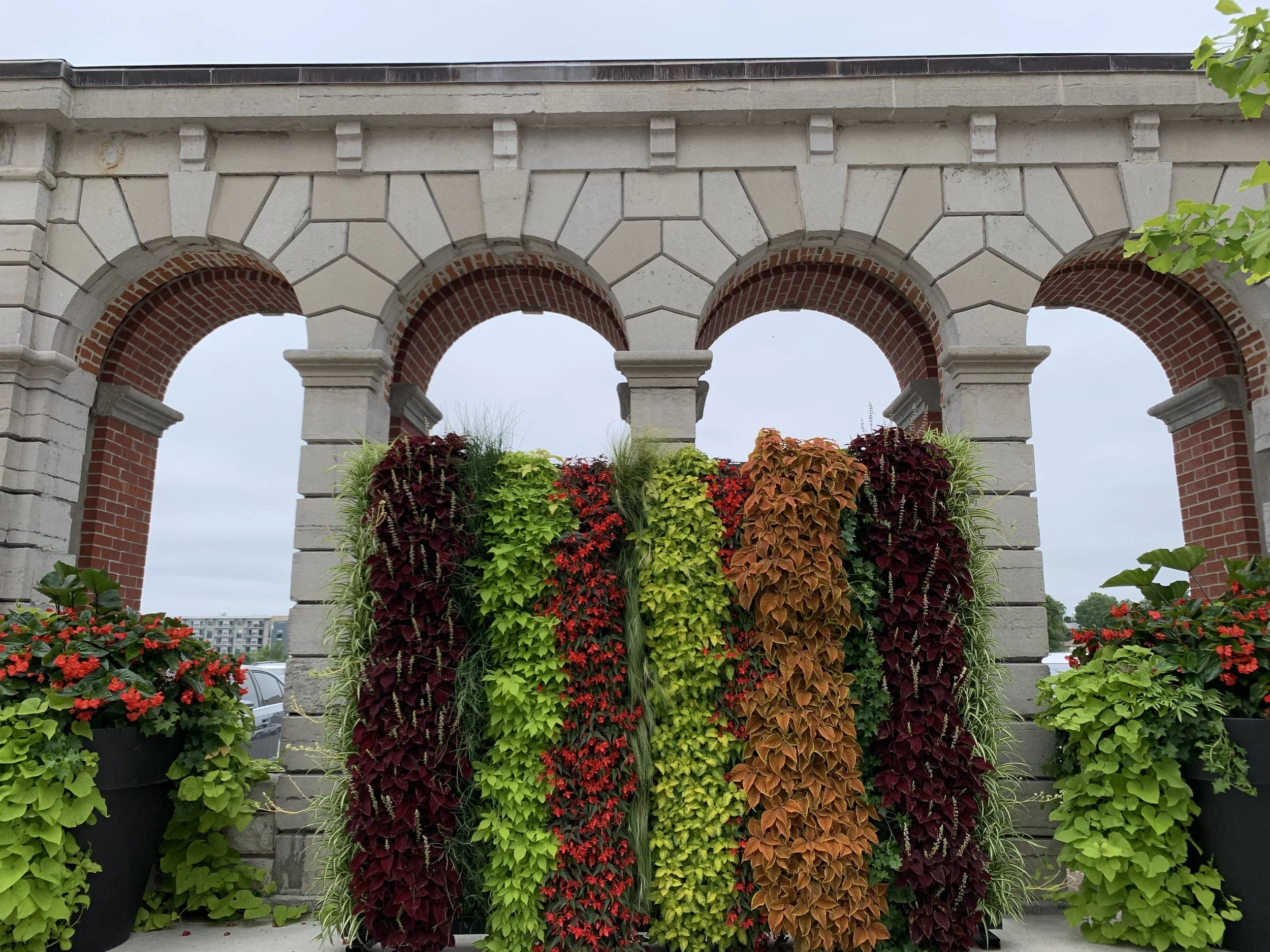 Stone wall with arches and colorful hanging plants in pots.