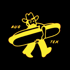 A cartoon cowboy character carrying a surfboard with the words 'AUS' and 'TEX' on it, set against a black background.