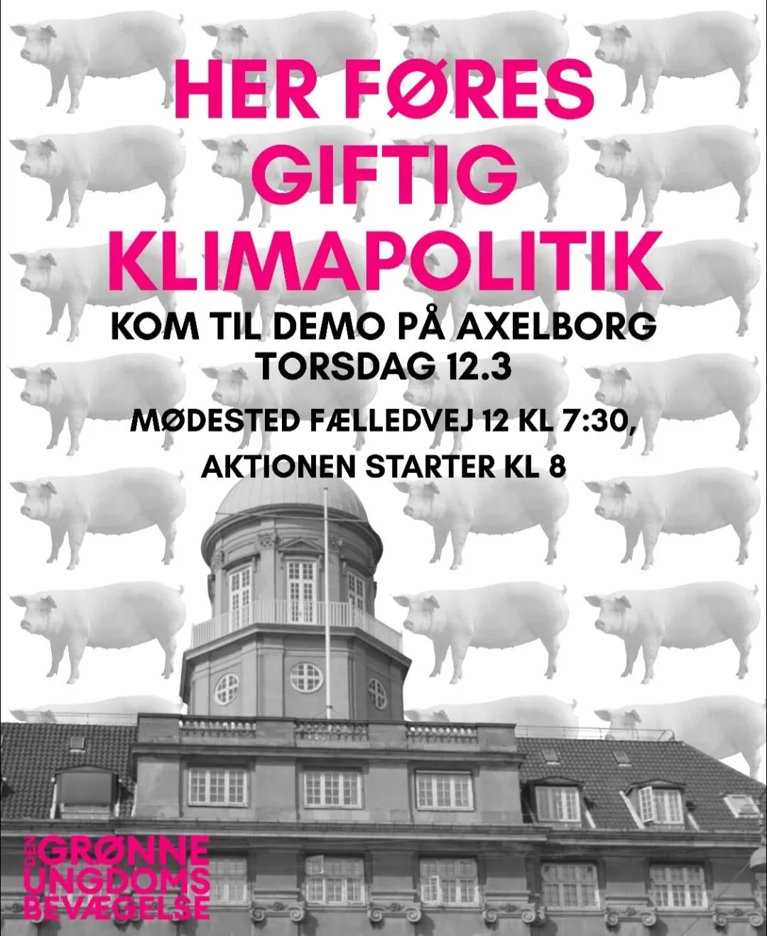 Kom med os til demonstration p&aring; torsdag morgen kl 7:30. Vi skal have en gr&oslash;n og retf&aelig;rdig omstilling af det danske landbrug sikret til det her valg. Vi ses!🐷