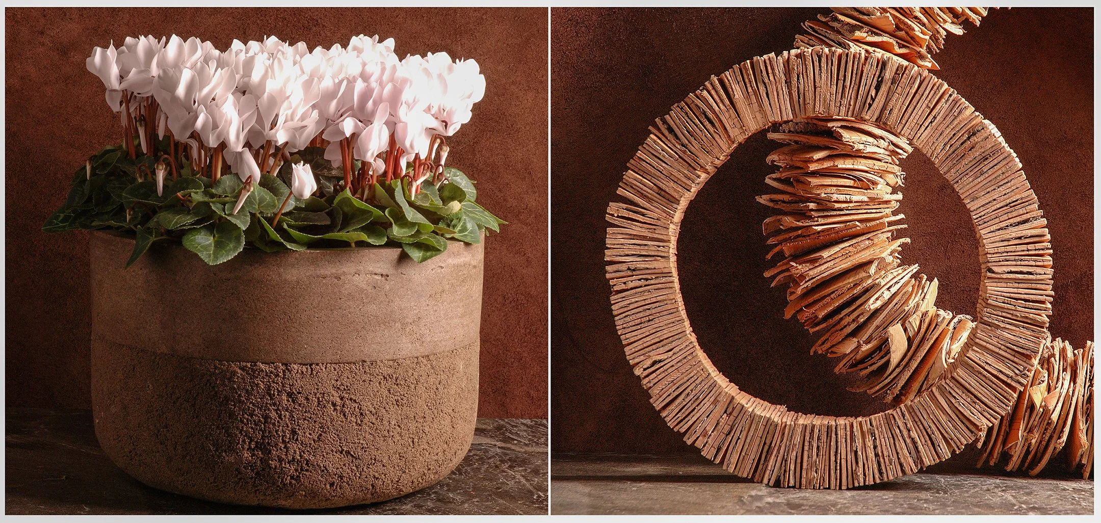 Een bloem in een pot links en een houten decoratieve cirkel rechts.