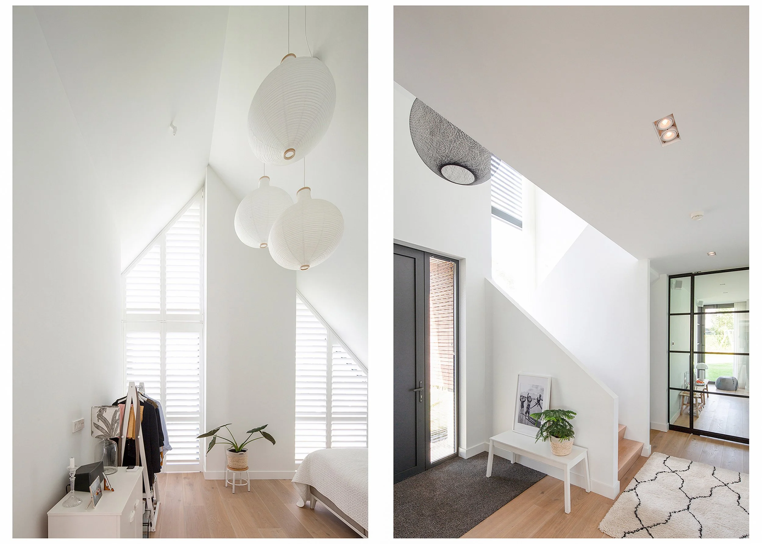 De afbeelding toont twee delen van een modern interieur met witte muren. De linkerzijde heeft hanglampen, grote ramen met shutters, en een kledingrek met kleding en een kleine witte kast. De rechterzijde toont een entree met een deur, een muur met ra