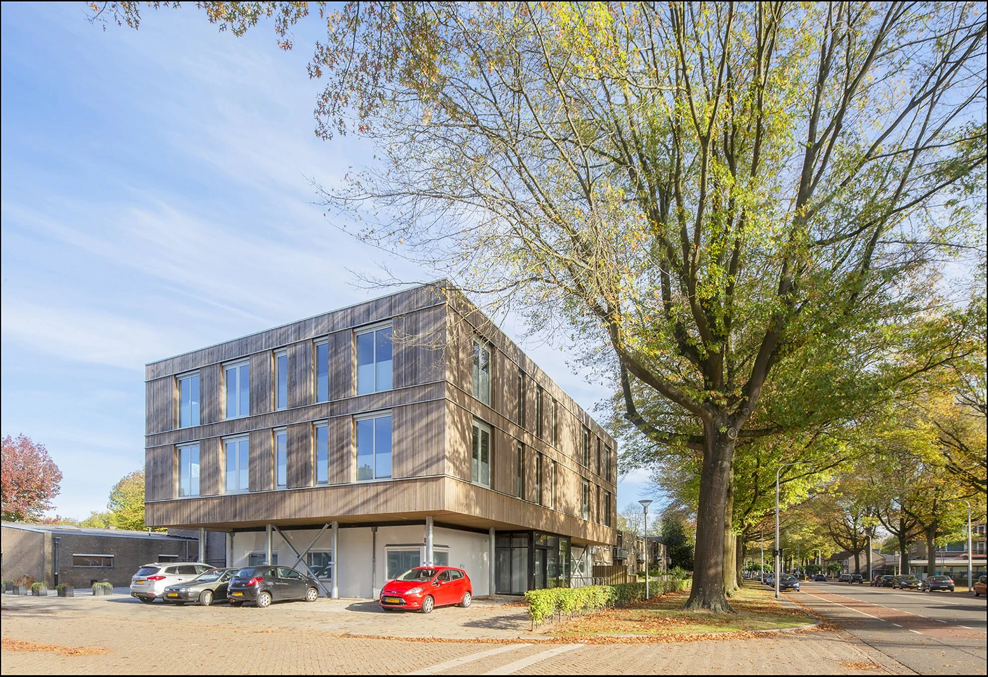 Moderne houten gebouw met grote ramen naast een grote boom met groene en herfstkleuren op een zonnige dag, parkeerplaats met auto's