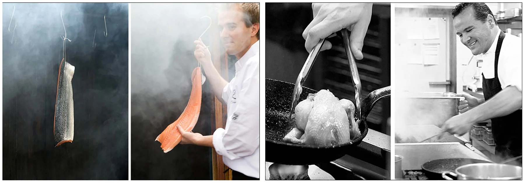 Een chef-kok die vis aan het roken is, een stuk zalm in zijn hand, een hand die kipfilets in een pan plaatst, en een chef die in de keuken werkt met koksmuts en schort.