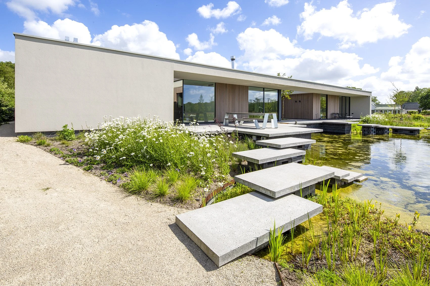 Moderne huis met grote ramen, een veranda met picknicktafel, en een waterkant met trap van betonplaten en omringende planten en bloemen.